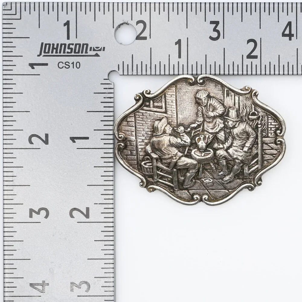 Victorian Holland Repoussé Tavern Scene Brooch Dutch Silver‎ Tone Folk Art Pin
